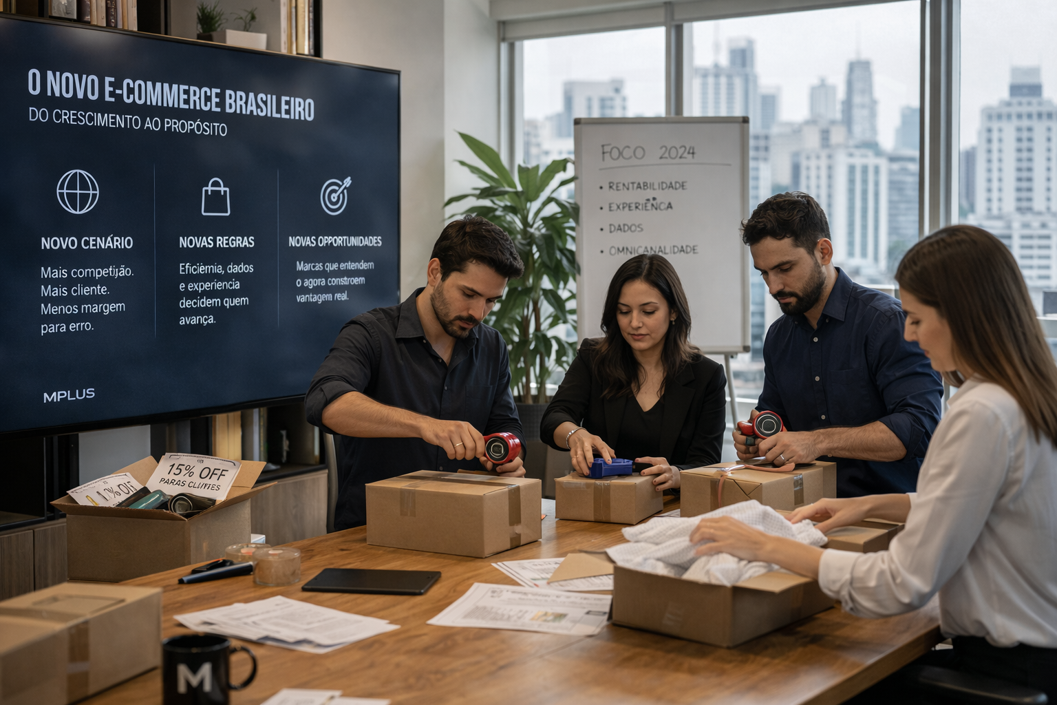 pessoas na mesa de reunião embalando mercadoria ecommerce